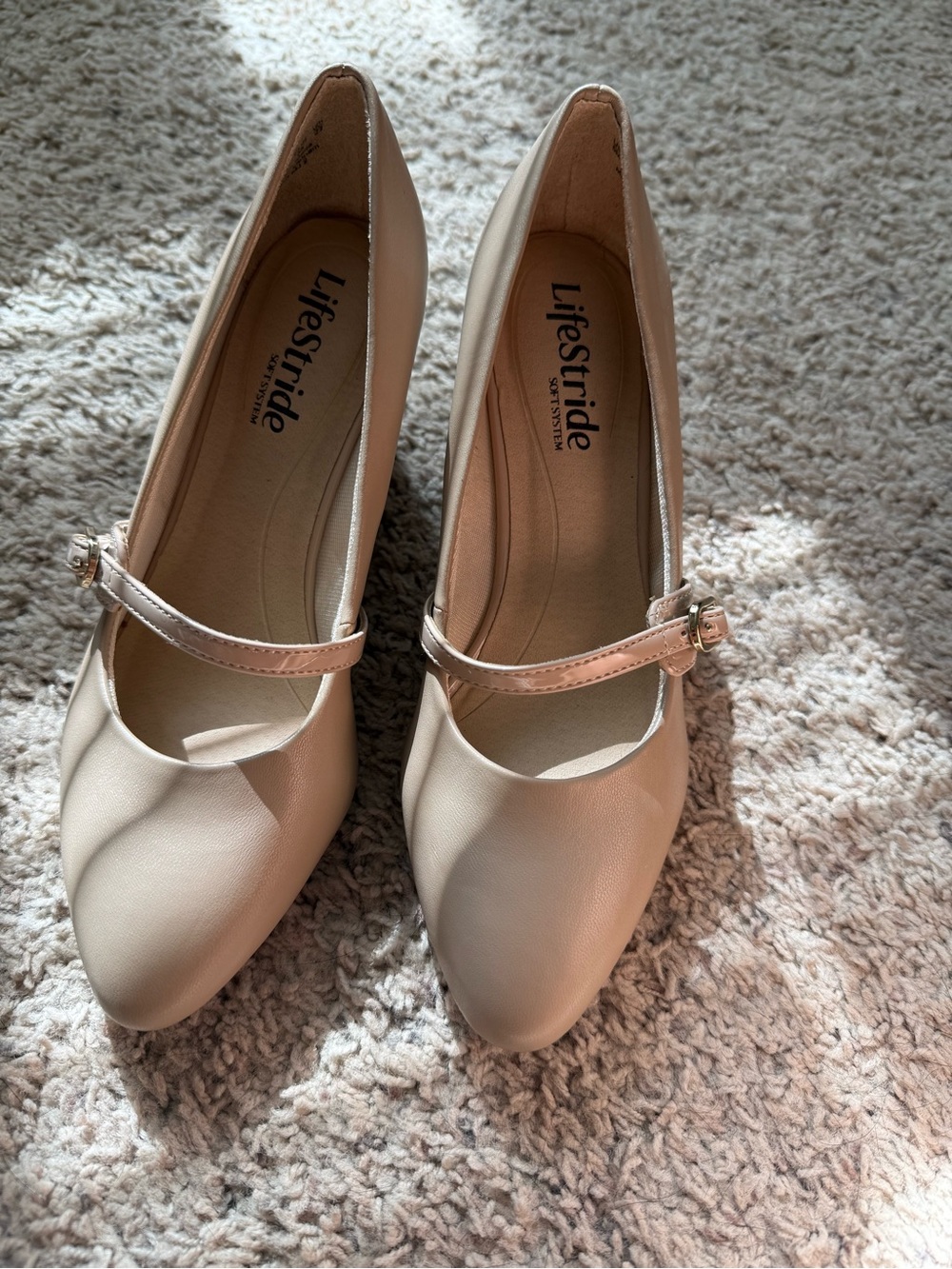 Life Stride Women's Cream Mary Jane Heels with Buckle Strap